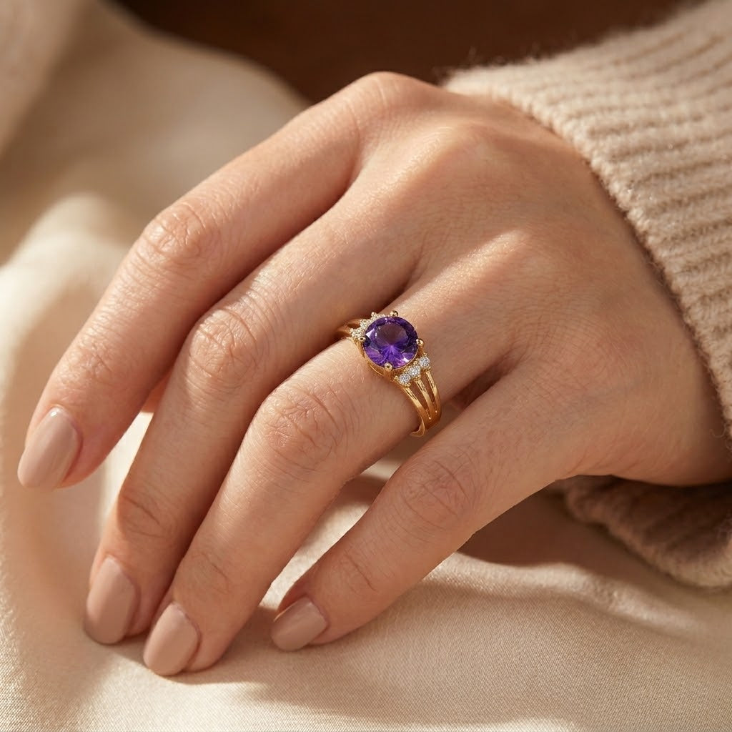 Gouden ring met gespleten band en amethist