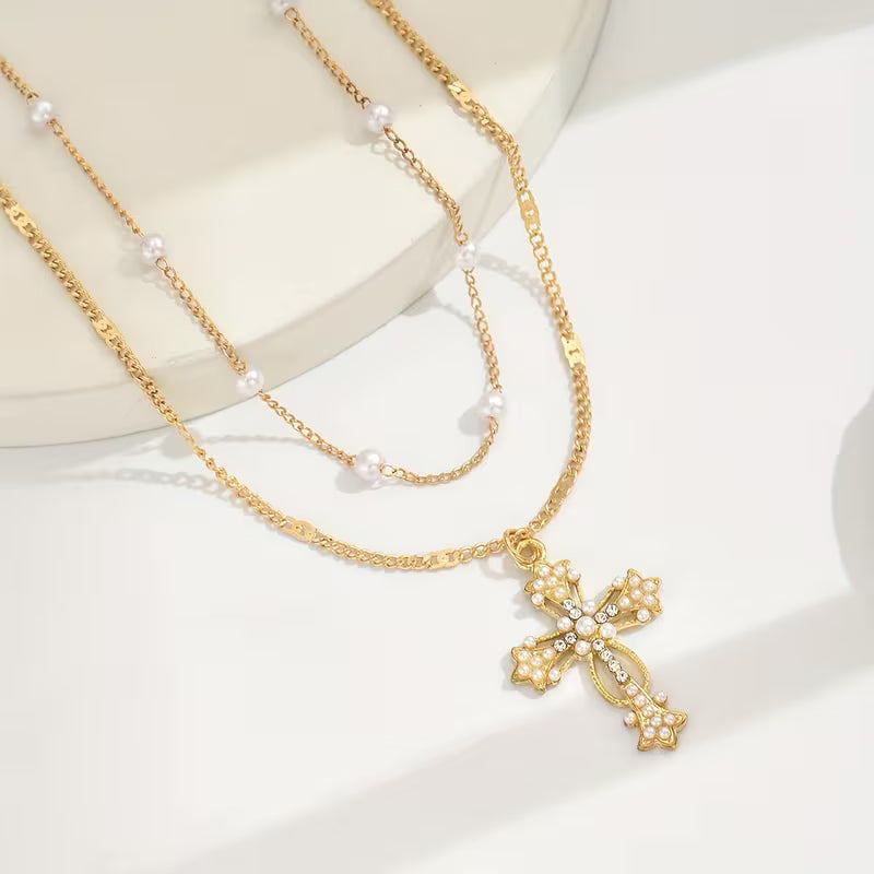 Gelaagde Parel Kruisketting