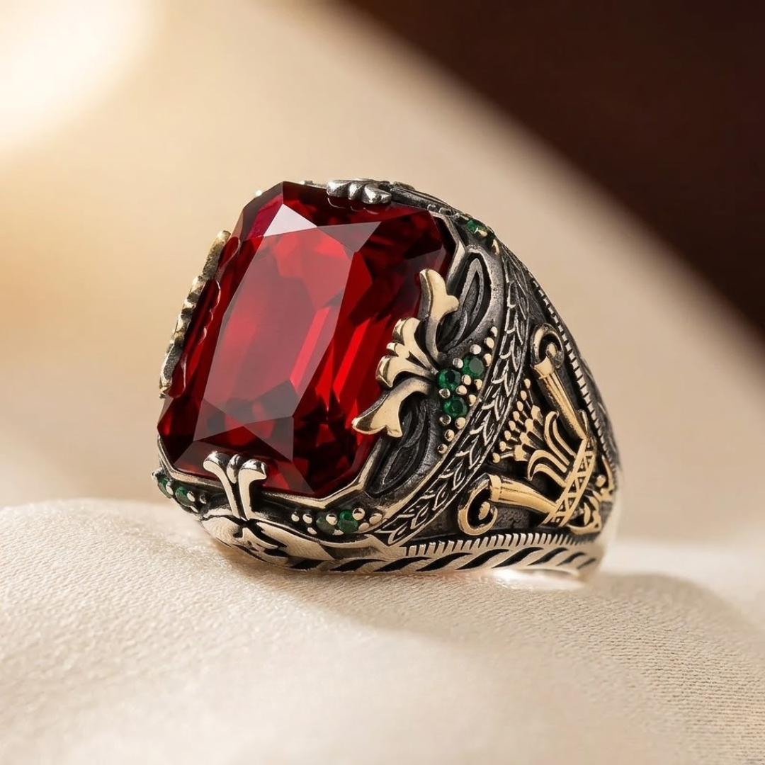 Bewerkte zilveren ring met zegelvlak en robijn