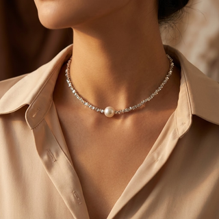 Korte zilveren ketting met parels