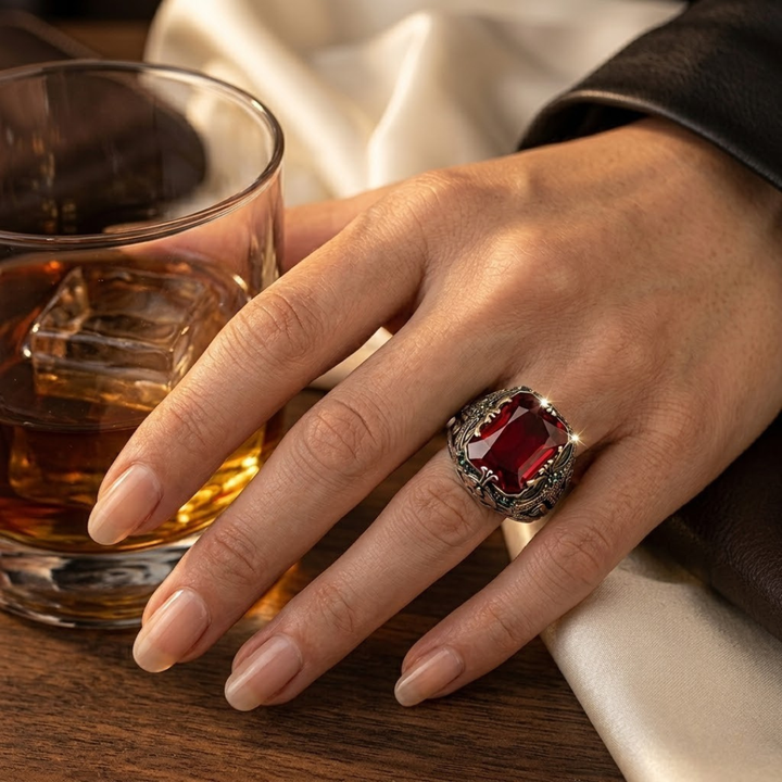 Bewerkte zilveren ring met zegelvlak en robijn