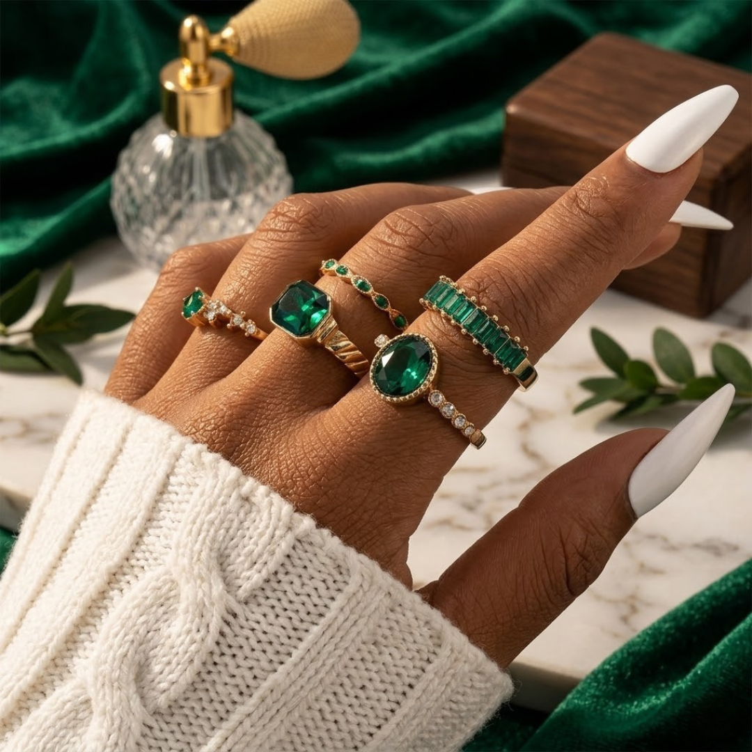 Gouden set ringen met smaragd
