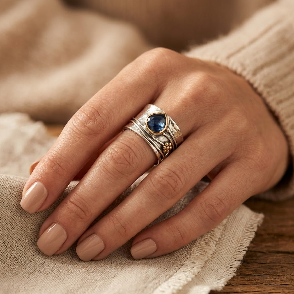 Ring in zilver en goud met gevatte steen als accent