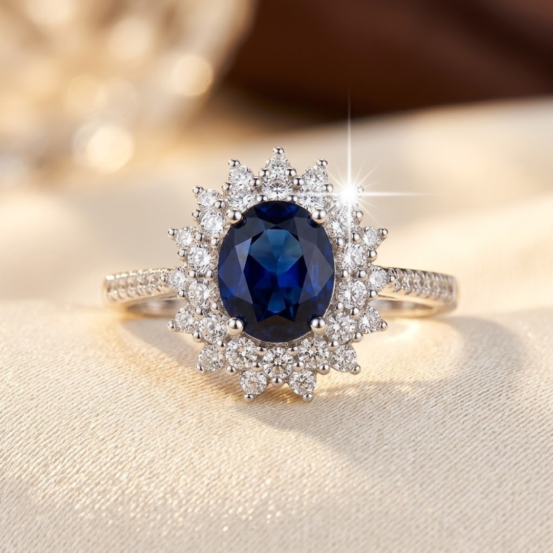 Gouden ring met saffier en stralenkrans