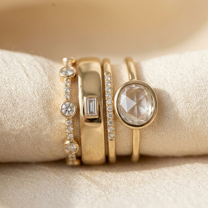Gouden set ringen met gevatte stenen