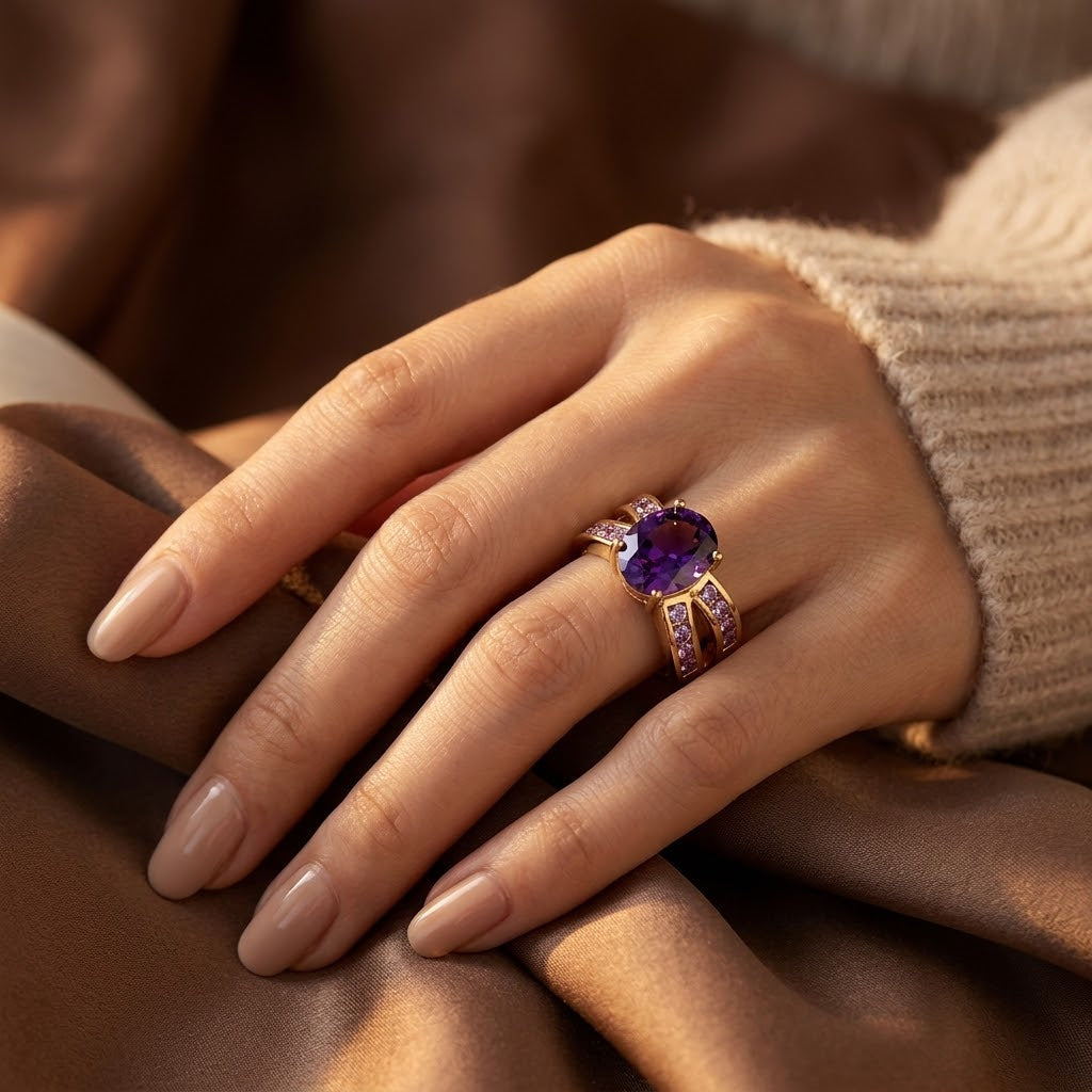 Gouden ring met open band en amethist
