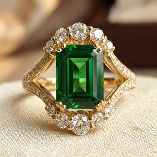 Gouden ring met smaragd en stralenkrans