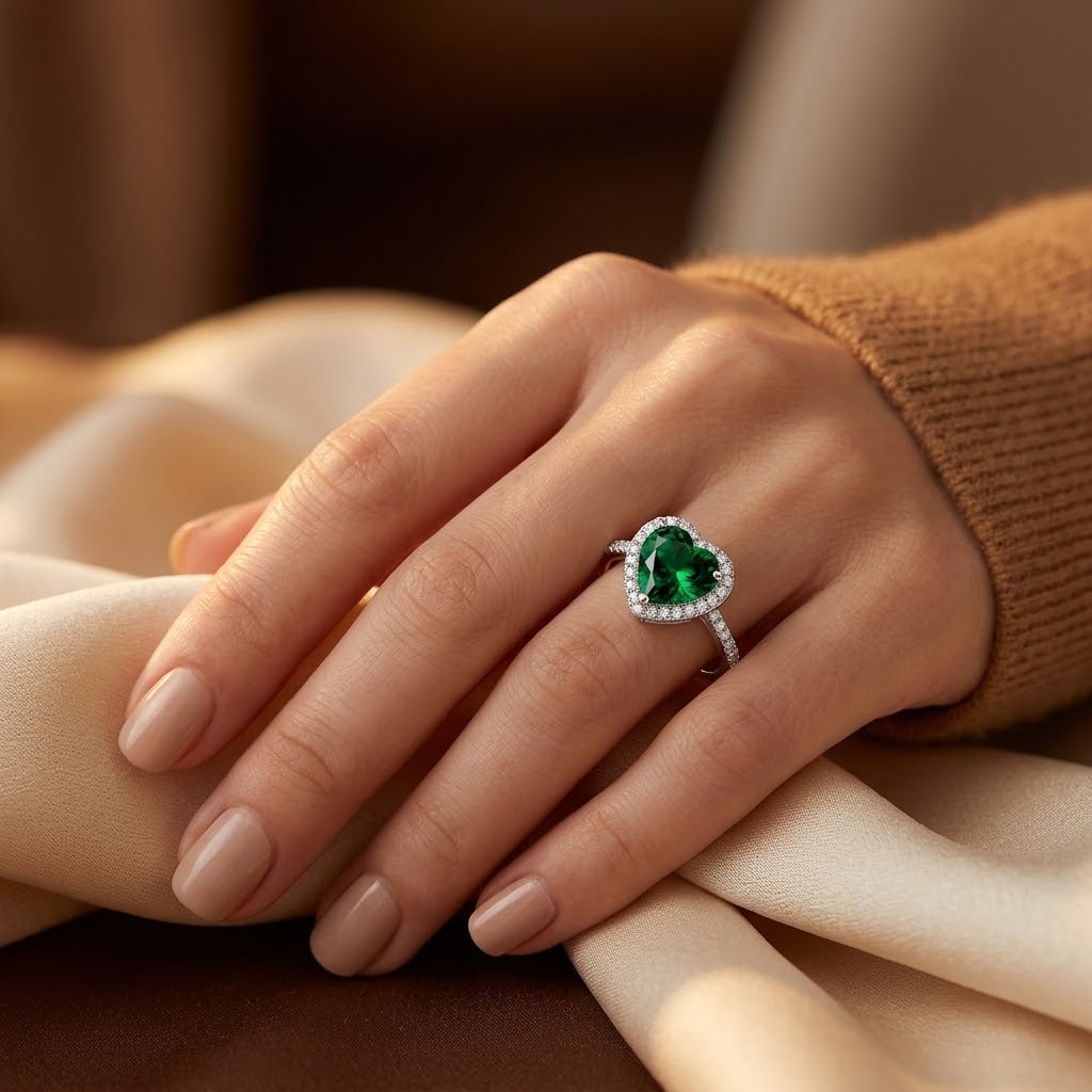 Zilveren ring met smaragden hart en stralenkrans