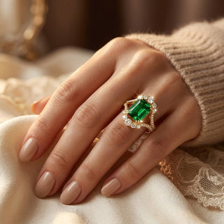 Gouden ring met smaragd en stralenkrans