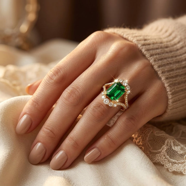Gouden ring met smaragd en stralenkrans