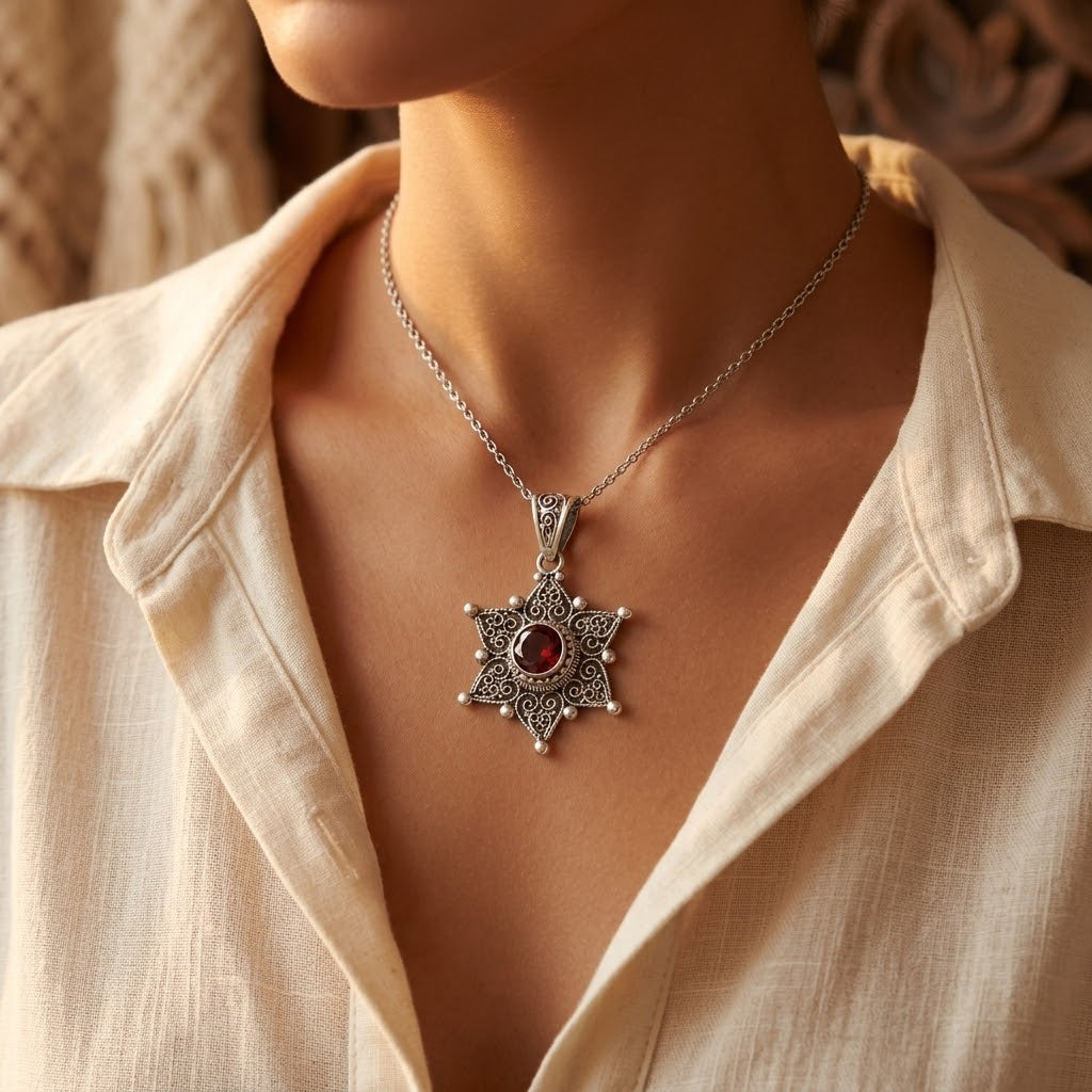 Zilveren ketting met robijnen ster als hanger