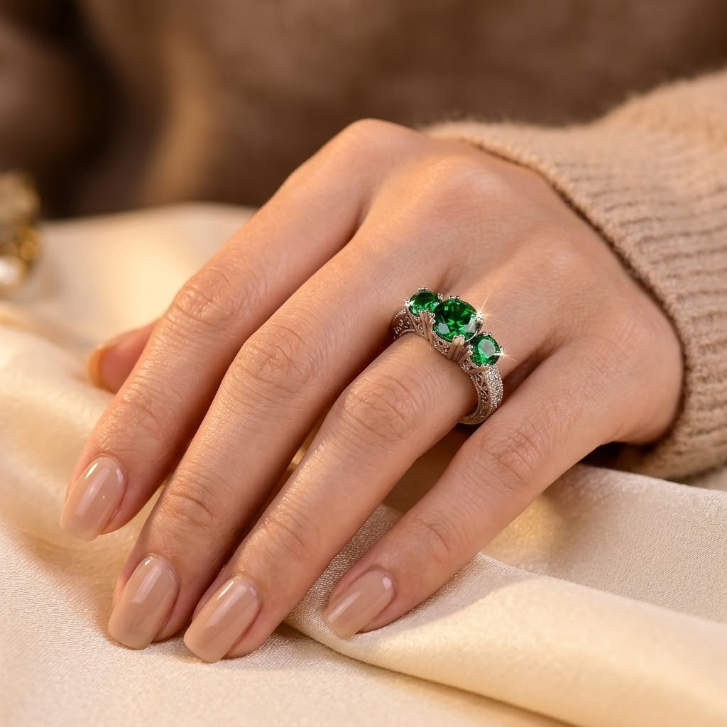 Zilveren ring met drie smaragden