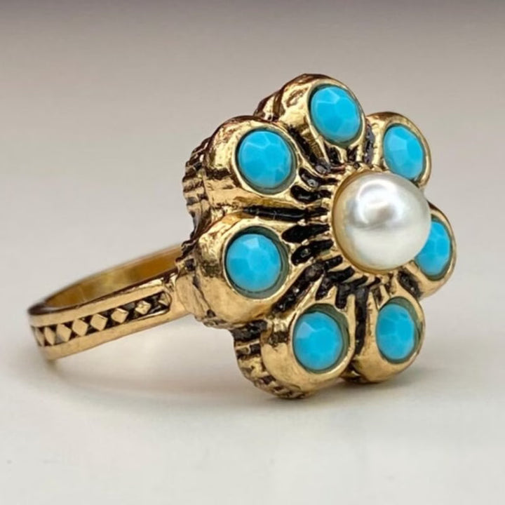 Bloemenring Parel &amp; Turkoois