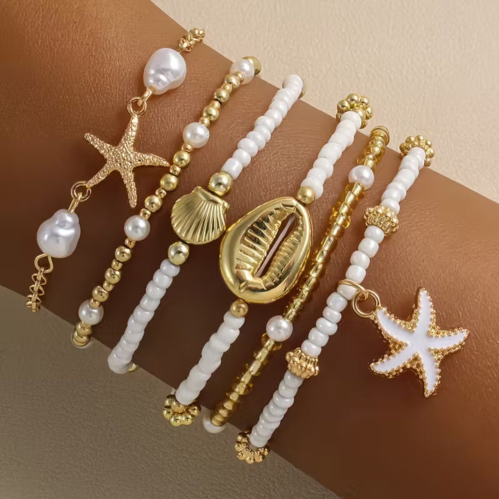 Kust Goud &amp; Parel Armbanden Set van 6