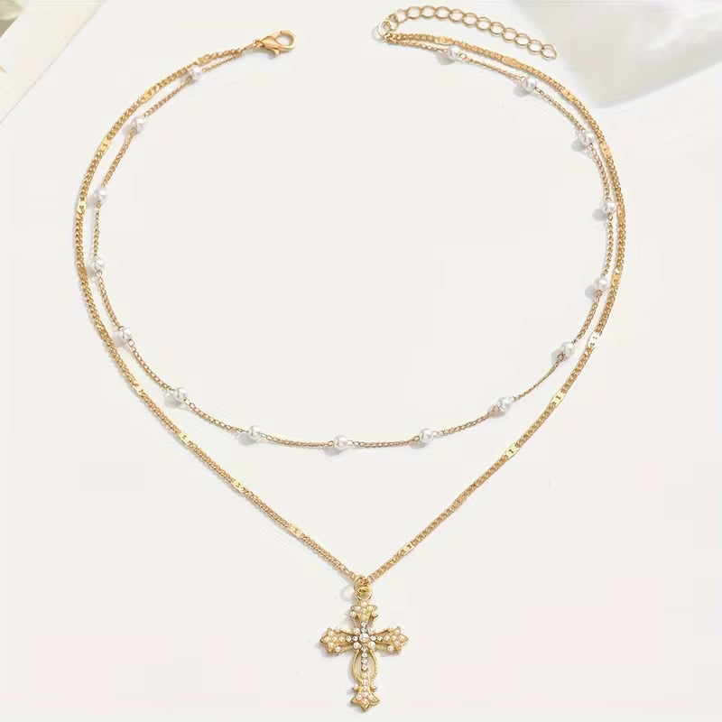 Gelaagde Parel Kruisketting